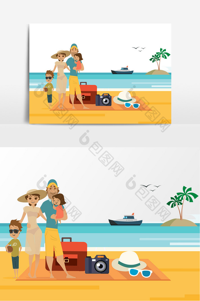 手绘卡通夏日海边度假全家福插画矢量素材