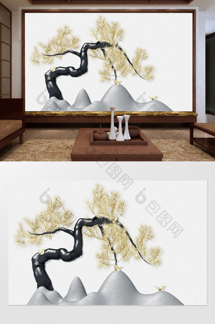 新中式3D浮雕立体假山松树背景墙