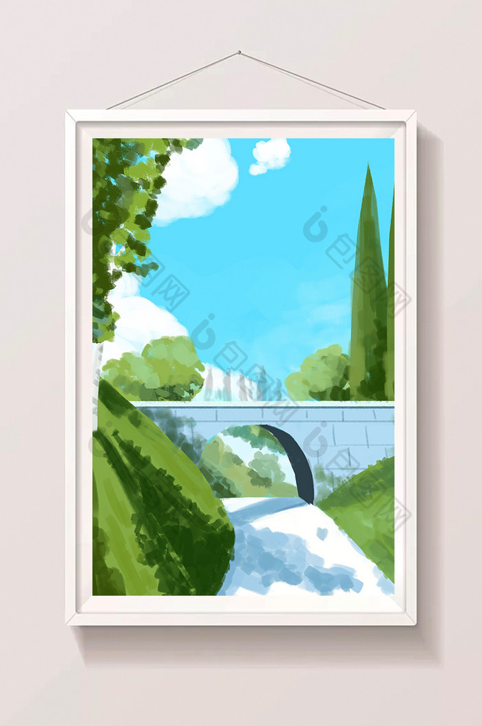 唯美清新冷色系树边的一座桥手绘插画背景