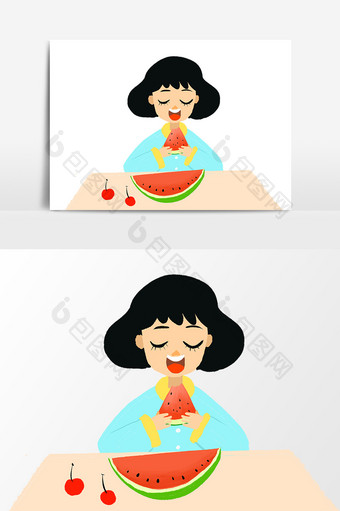 手绘卡通美女吃西瓜插画素材图片