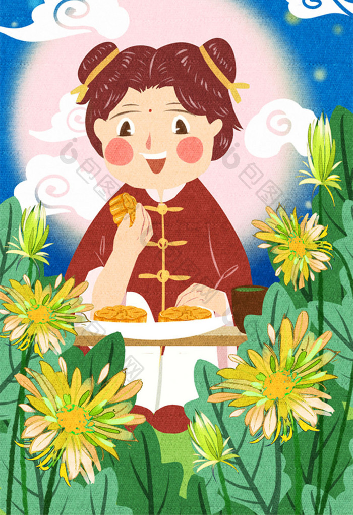 中秋节女孩在菊花丛中吃月饼插画