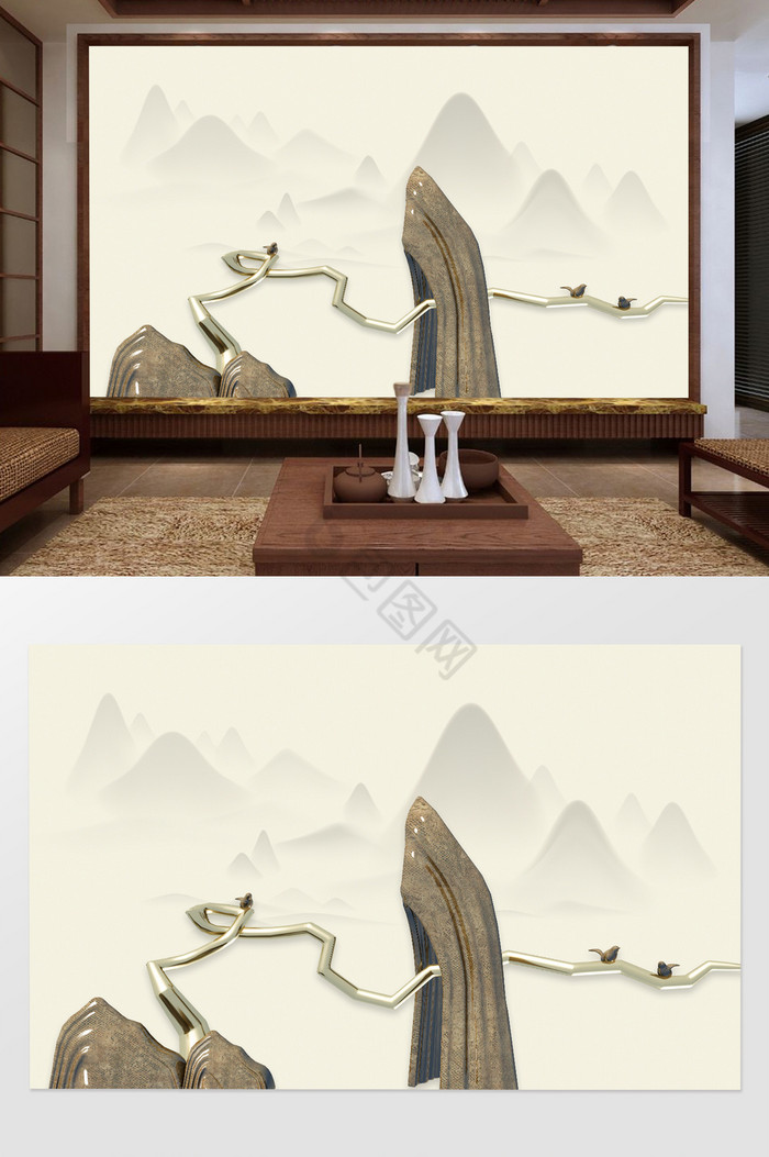 新中式水墨3D浮雕假山树枝小鸟背景墙图片