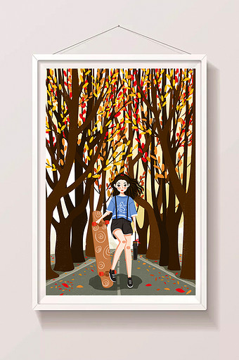 唯美节气立秋插树下滑板女孩插画图片