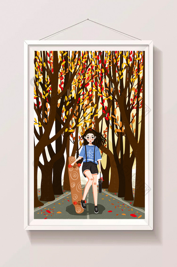 唯美节气立秋插树下滑板女孩插画