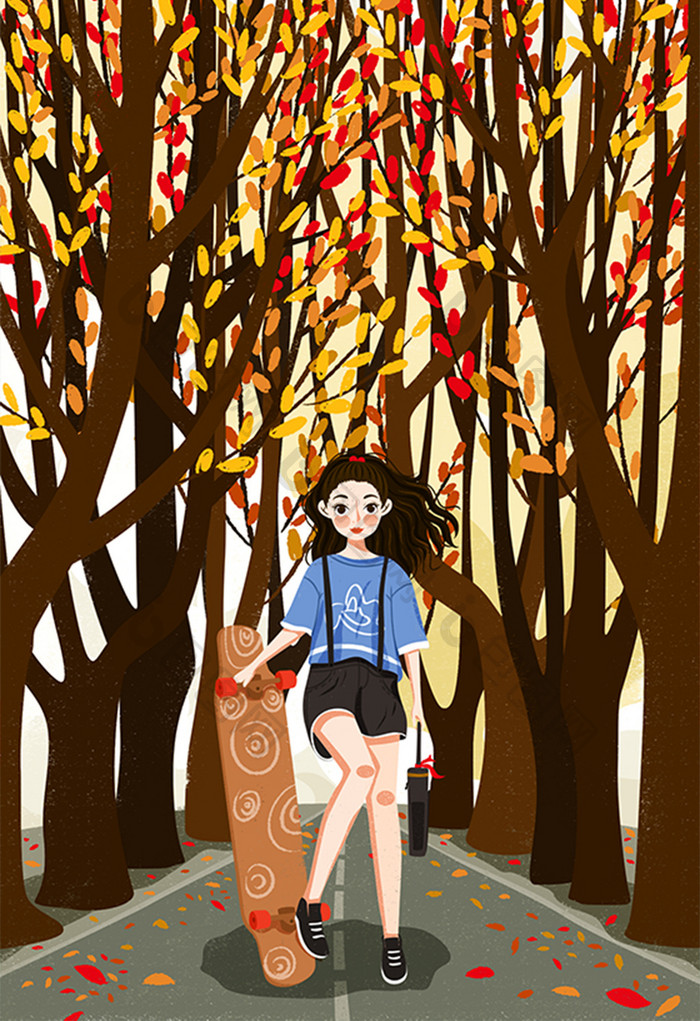 唯美节气立秋插树下滑板女孩插画