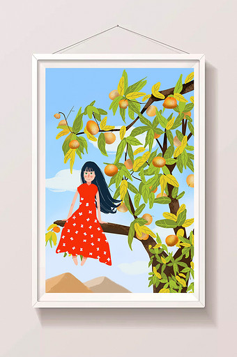 治愈系唯美清新少女坐在柿子树上的秋季插画图片