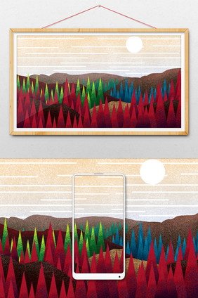夕阳下彩色树木插画背景