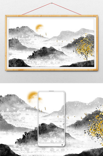 中国风黑白水墨清新山水背景插画图片