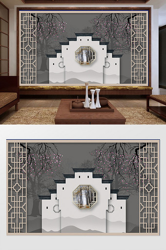新中式徽派古建筑意境花枝复古软包背景墙图片