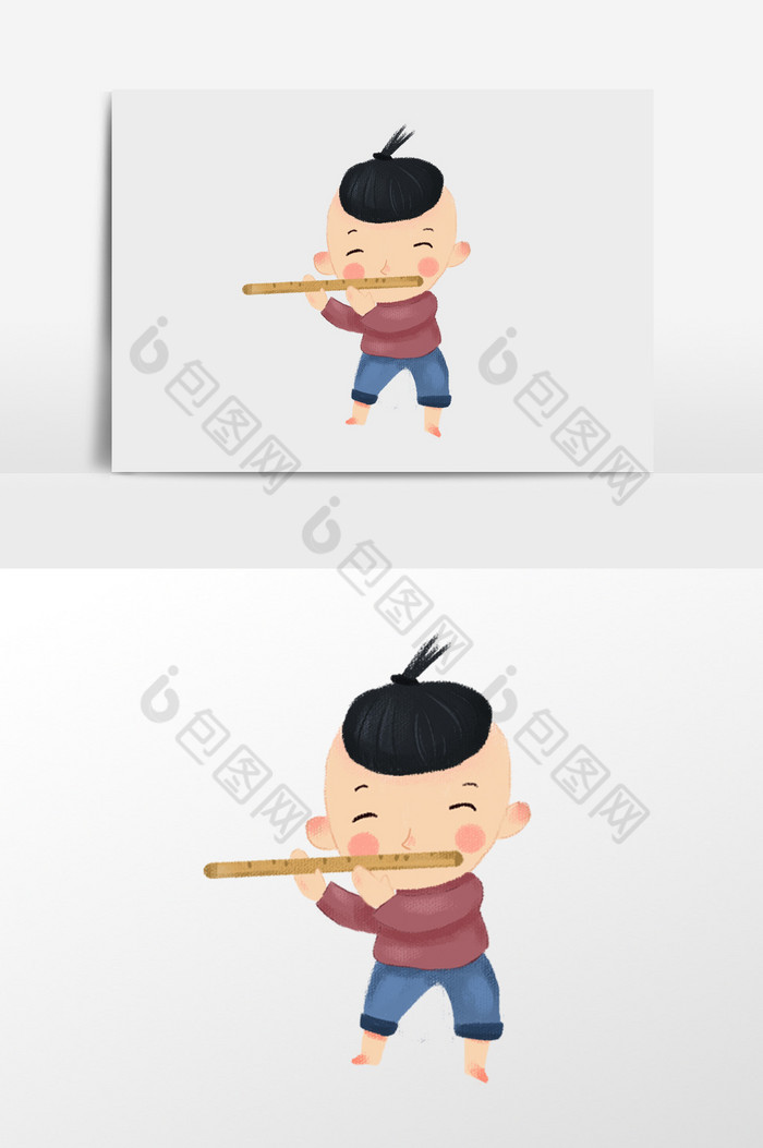 吹笛子的男孩插画图片