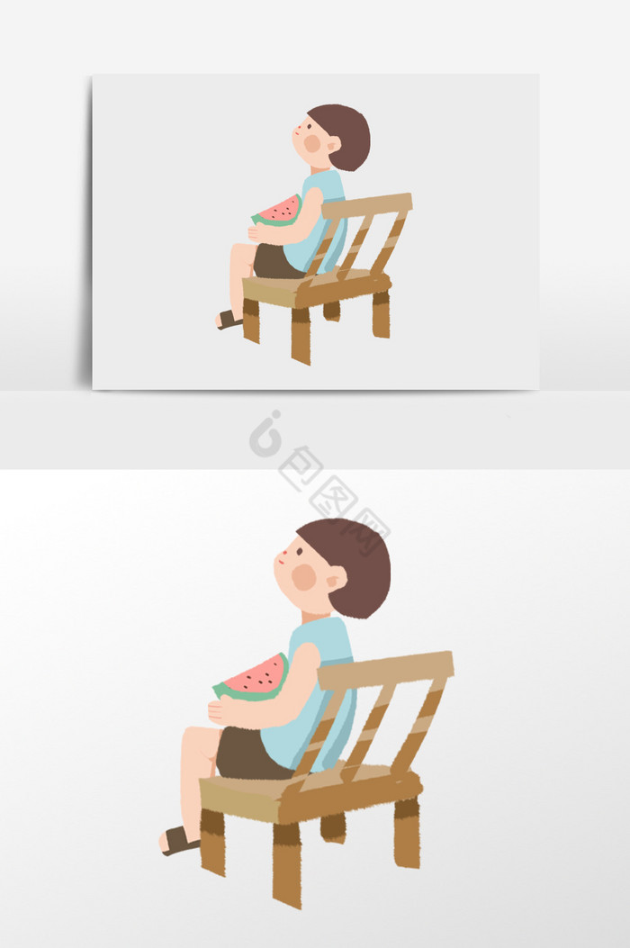 坐椅子吃西瓜的男孩插画图片
