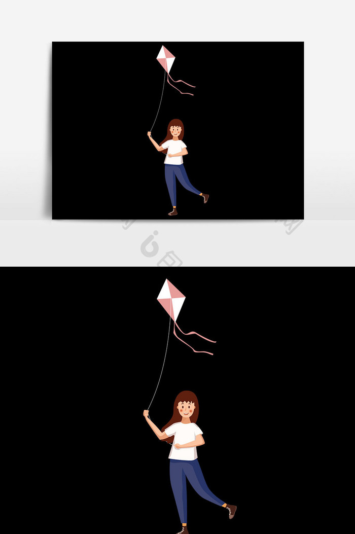 卡通漫画放风筝的少女插画元素