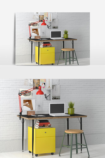 现代黄色柜子实木书桌模型图片
