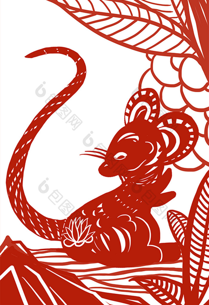 红色中国风在草丛中的小老鼠剪纸插画