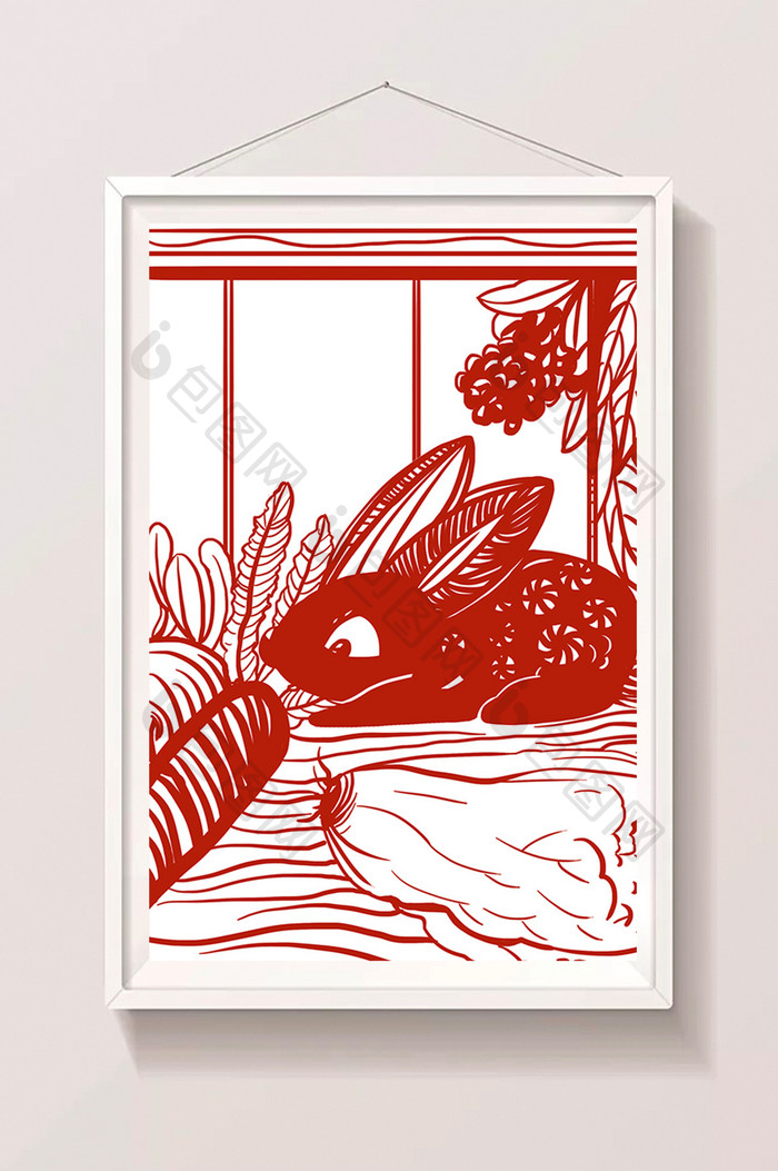 红色中国风吃萝卜的兔子剪纸插画