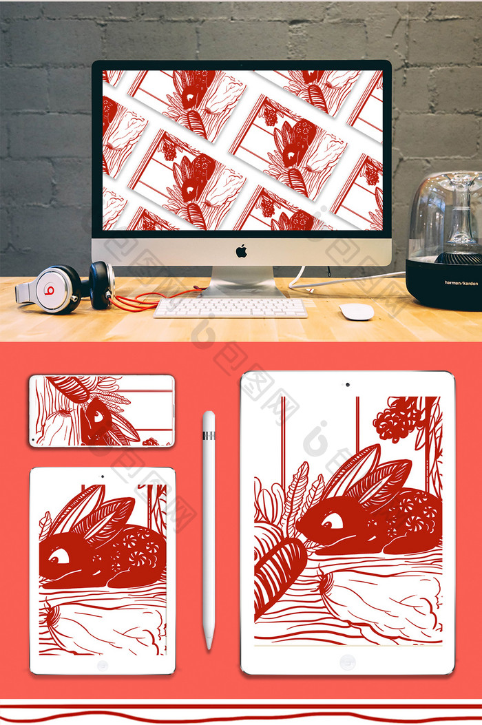 红色中国风吃萝卜的兔子剪纸插画