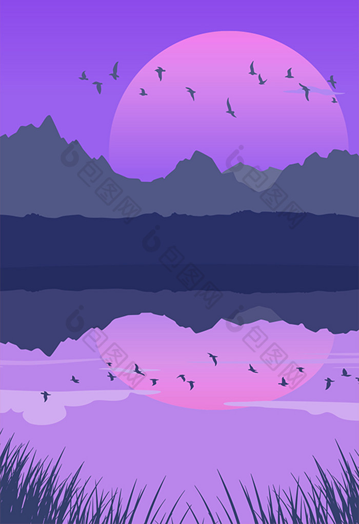 紫色秋日黄昏扁平风景手绘插画背景素材