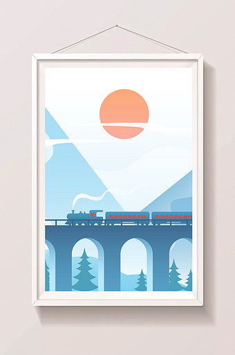蓝色扁平高架铁轨火车手绘扁平插画背景素材图片