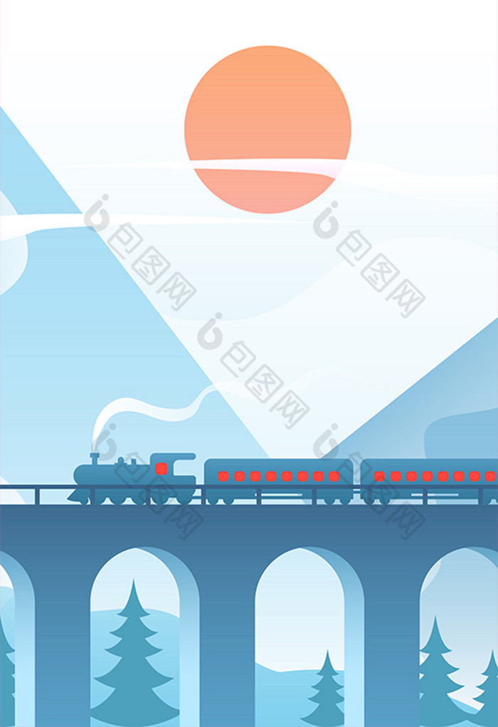 蓝色扁平高架铁轨火车手绘扁平插画背景素材