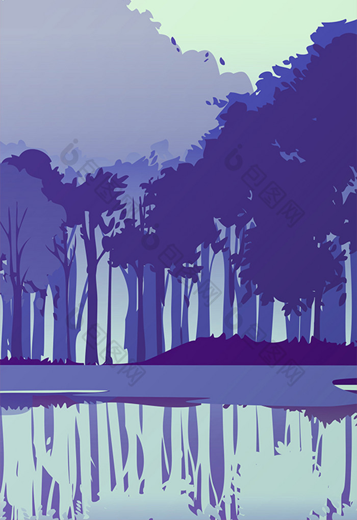 蓝色清晨树林手绘扁平插画背景插画素材