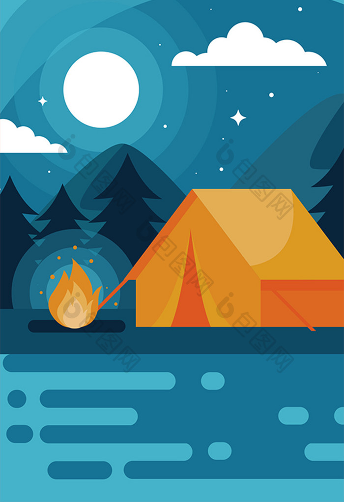 蓝色秋日旅行野营插画手绘帐篷扁平背景素材