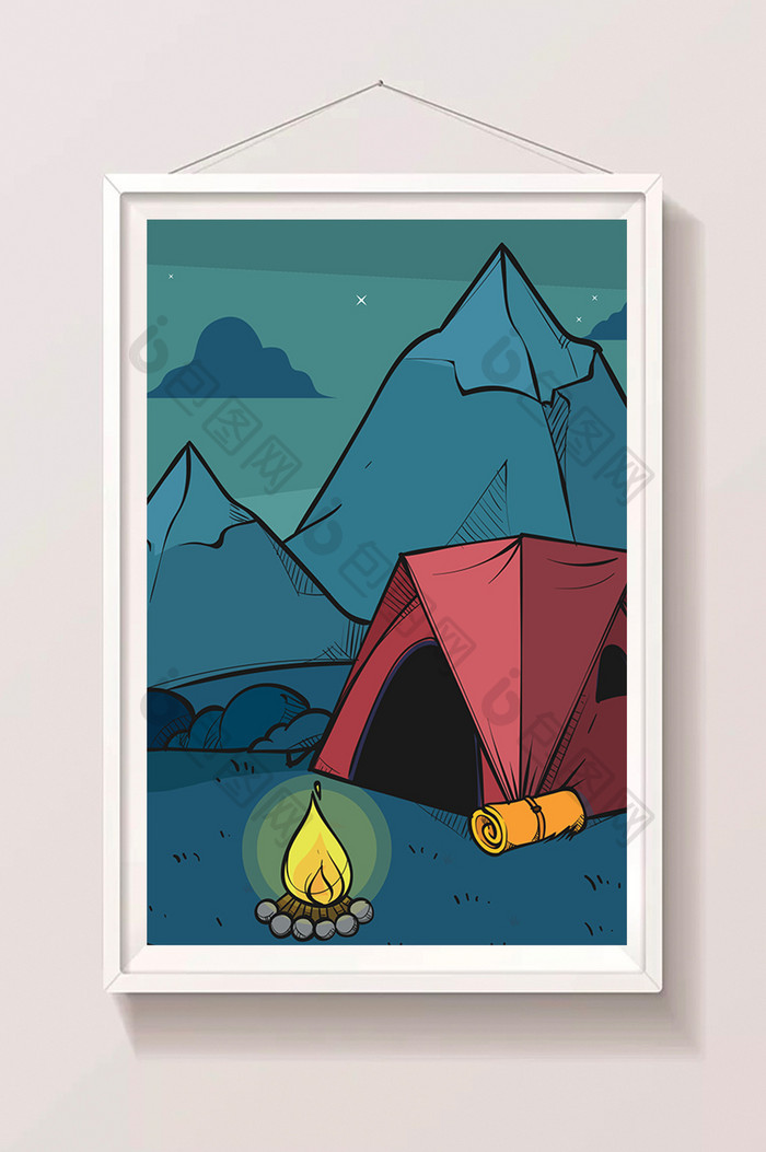 冷色卡通手绘秋日夜晚帐篷火堆扁平插画背景