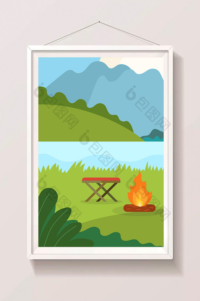 冷色夏日野外火堆河边手绘插画背景素材