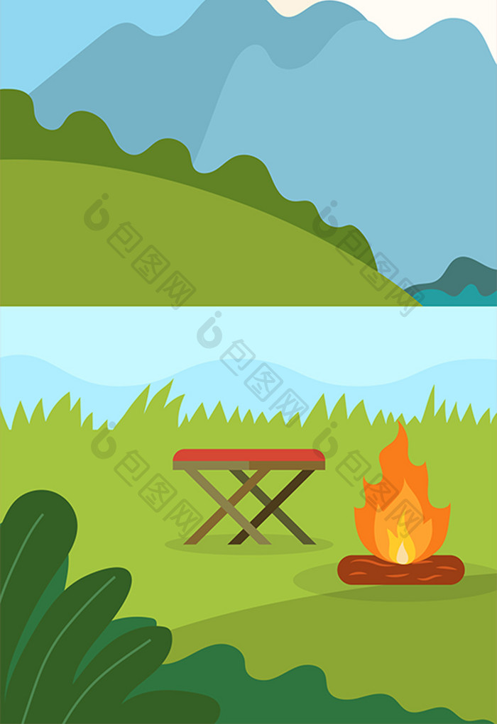 冷色夏日野外火堆河边手绘插画背景素材