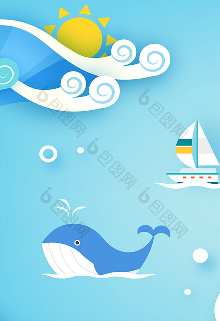 蓝色扁平剪纸风格手绘海洋插画背景素材