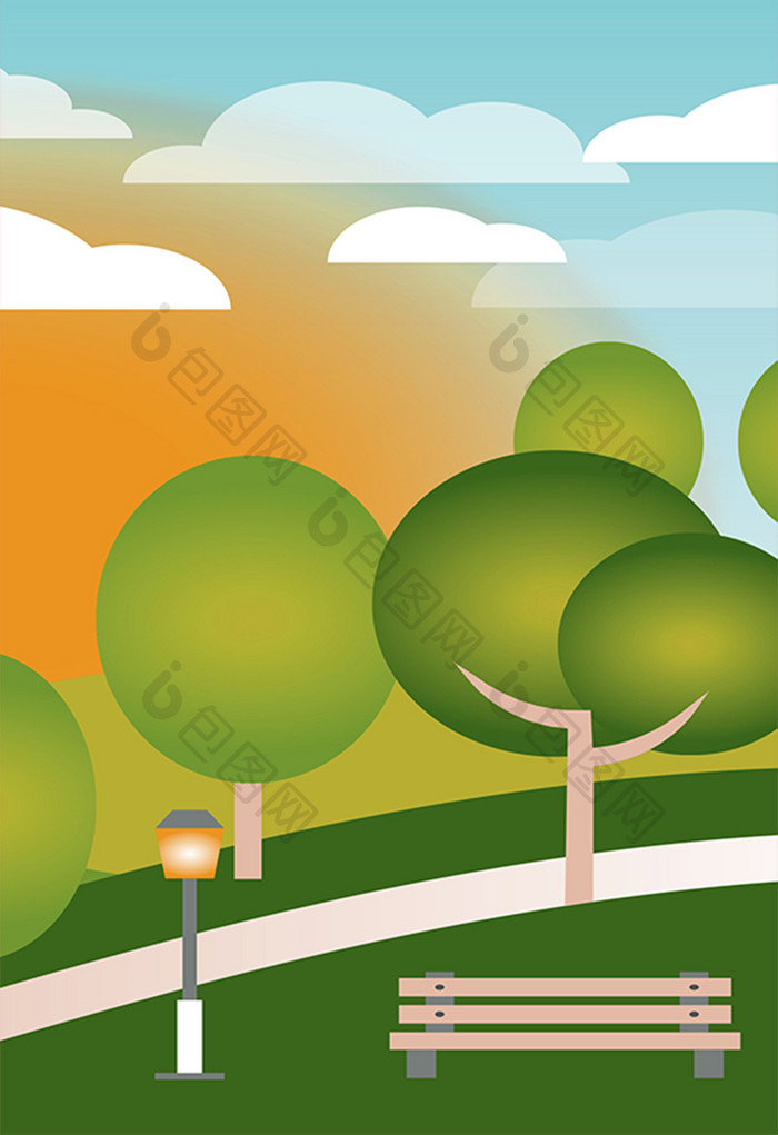 冷色夏日黄昏公园风景插画手绘扁平背景素材