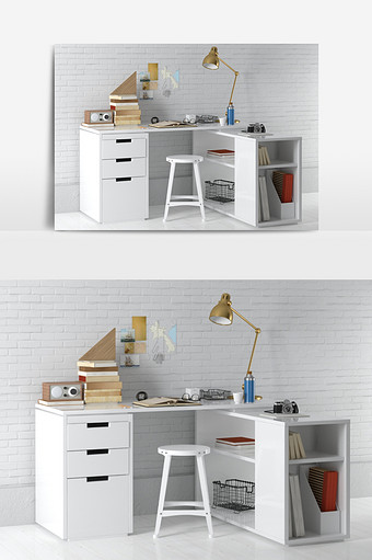 现代简约白色实木书房转角书桌模型图片