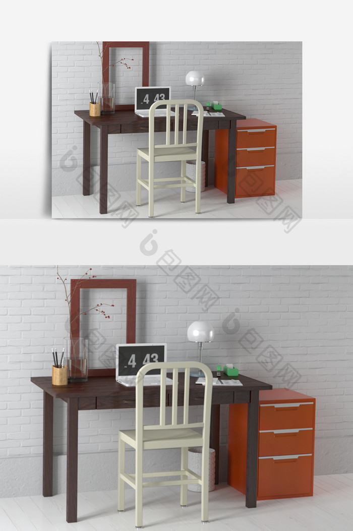 现代橘色色实木书桌模型