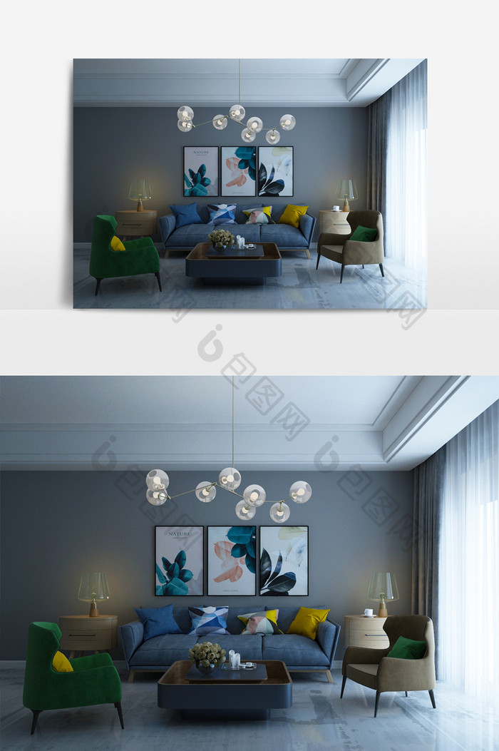 现代蓝色布艺沙发客厅模型