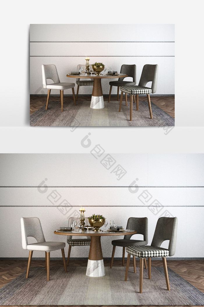现代白色灰色餐桌组合3D模型