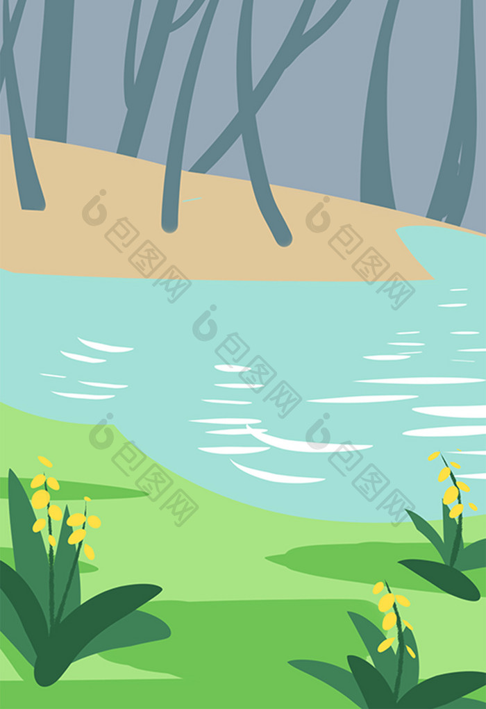 卡通河边植物背景