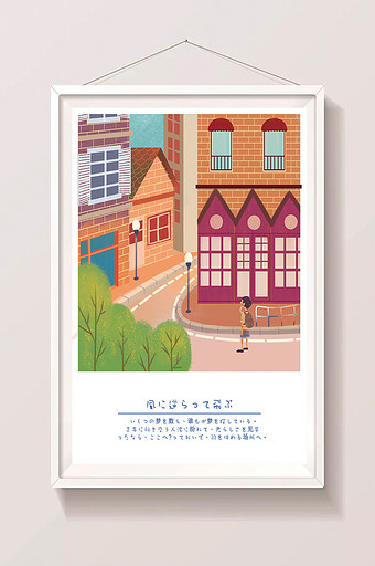 红色清新唯美建筑小男孩城市插画图片