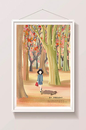 秋天唯美森林少女粉红色插画图片