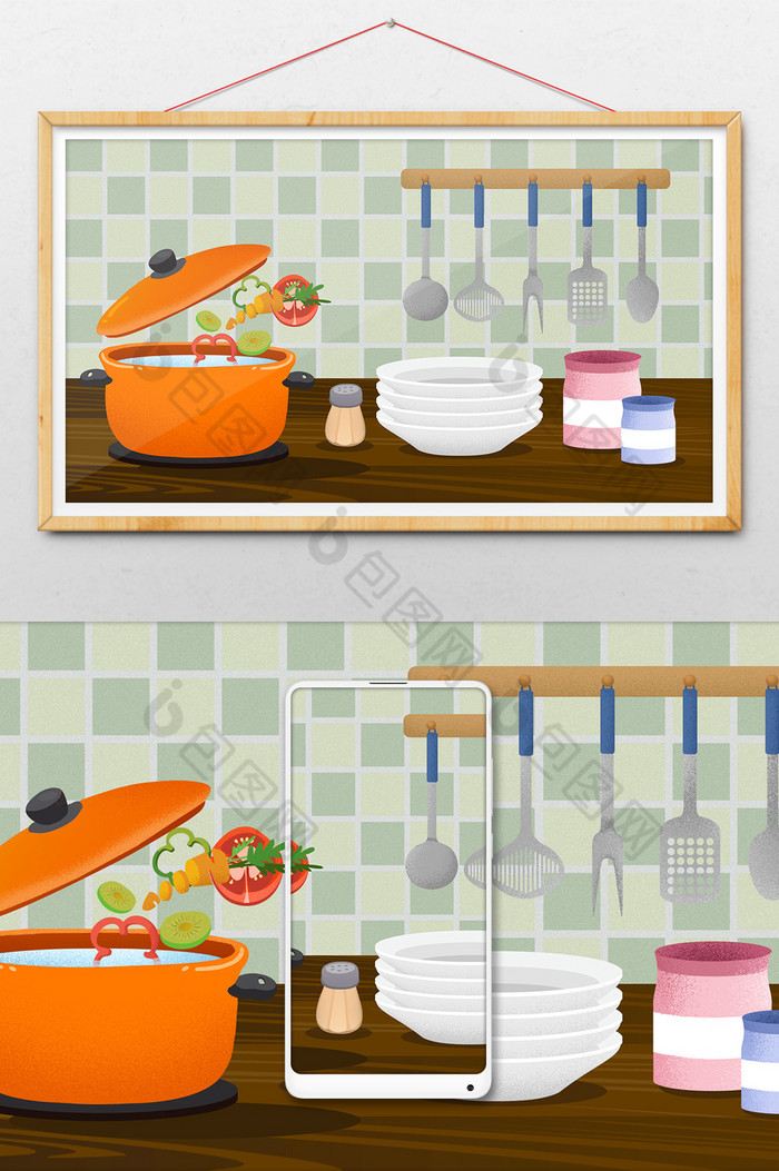 厨房背景卡通烹饪背景卡通美食背景图片