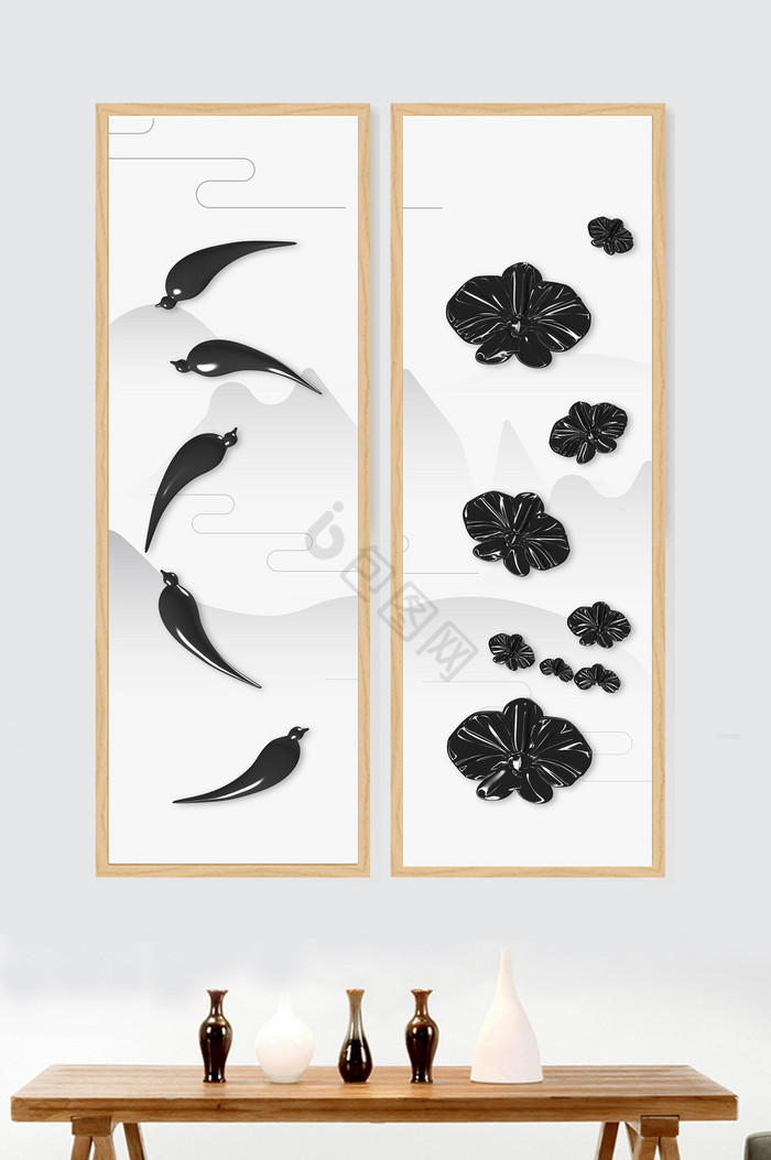 新中式水墨风3D浮雕小鸟荷叶二联装饰画图片
