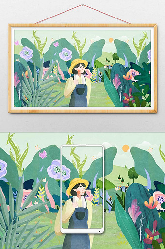 森林绿植农庄女孩农民丰收绿色主题插画图片