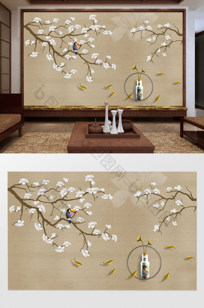 中式意境白色玉兰花枝立体花瓶软包背景墙