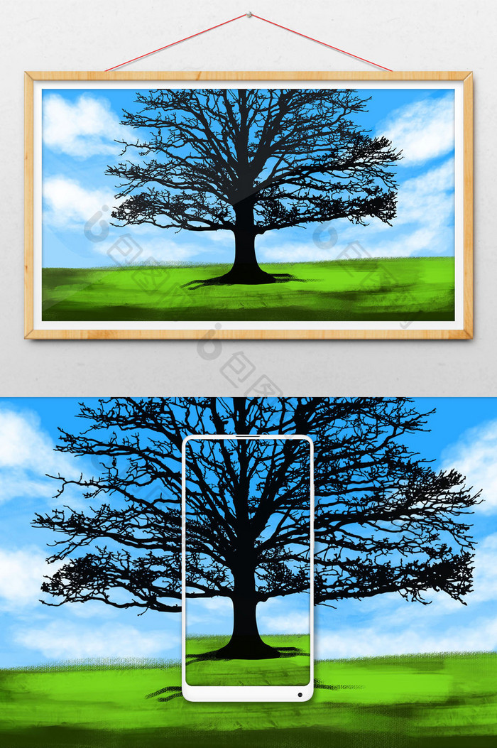 蓝色夏日清新手绘背景素材大树风景