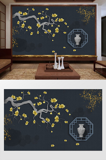 中式意境金色花枝大气复古时尚软包背景墙图片