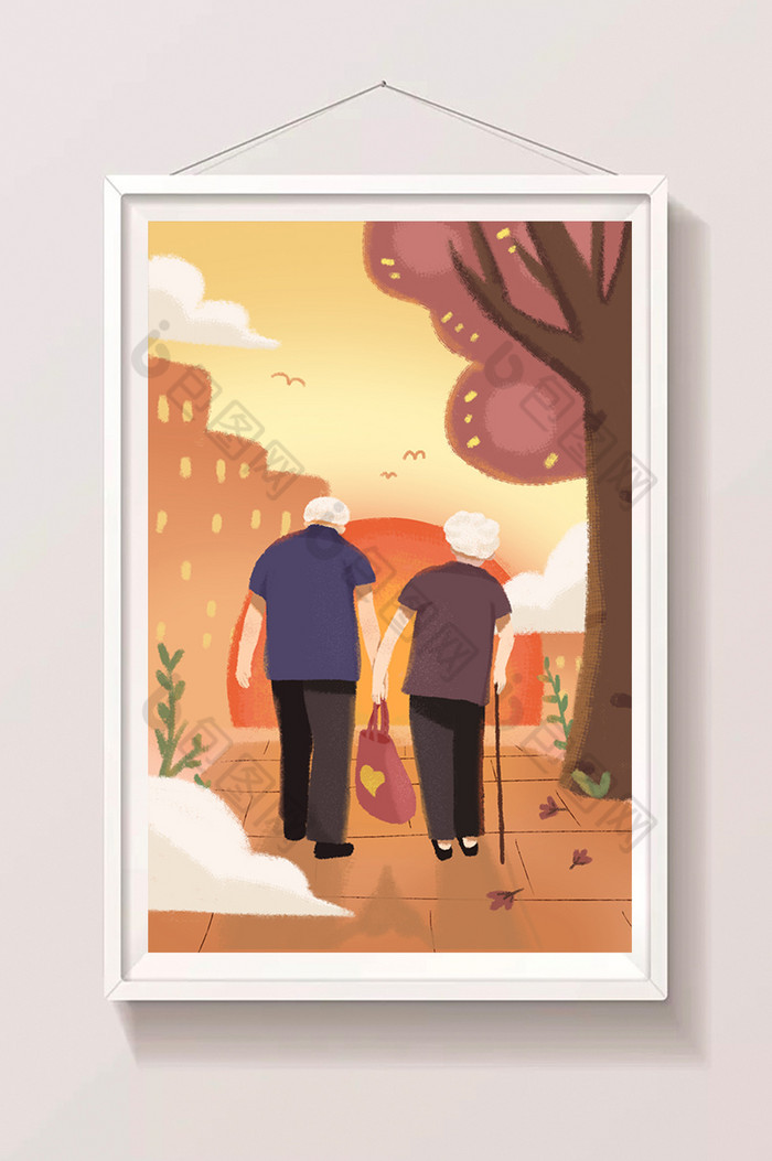 七夕节情人节夕阳老人牵手插画图片