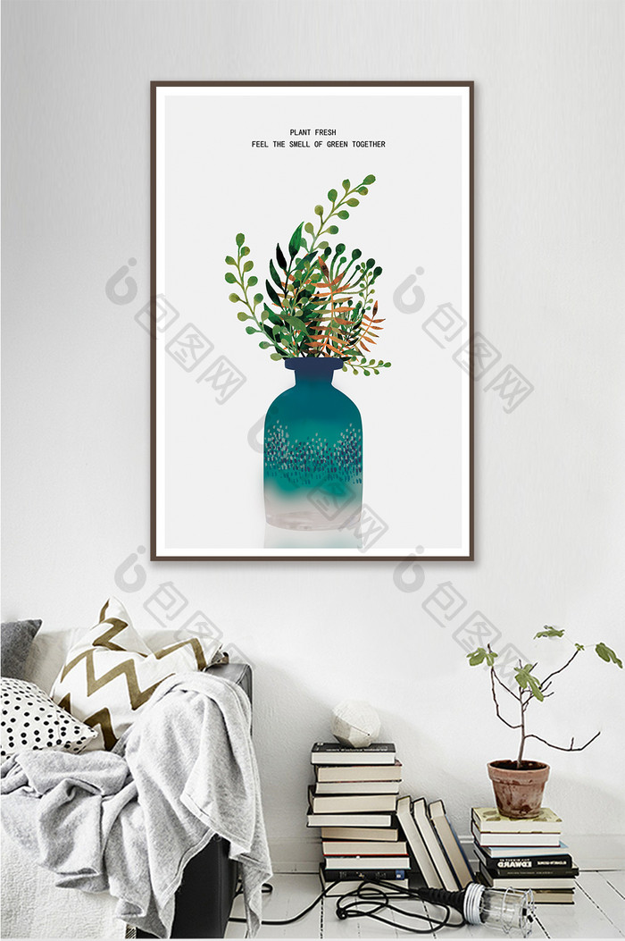 手绘清新植物花瓶创意客厅过道装饰画