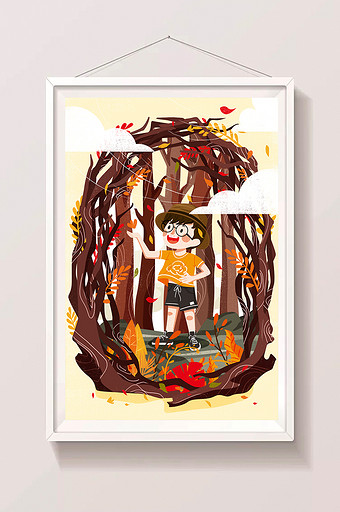 唯美节气秋分插画树林中的男孩插画图片