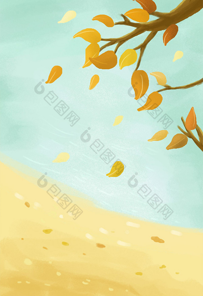秋季小清新落叶海洋风景手绘插画