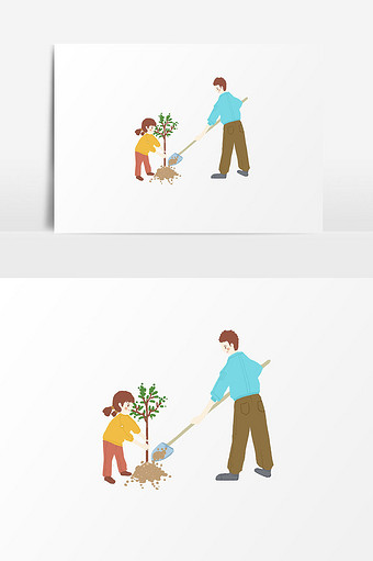 卡通植树人物插画素材图片