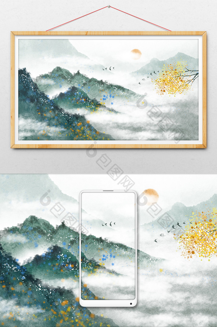 中国风绿色水墨飞鸟山水背景插画