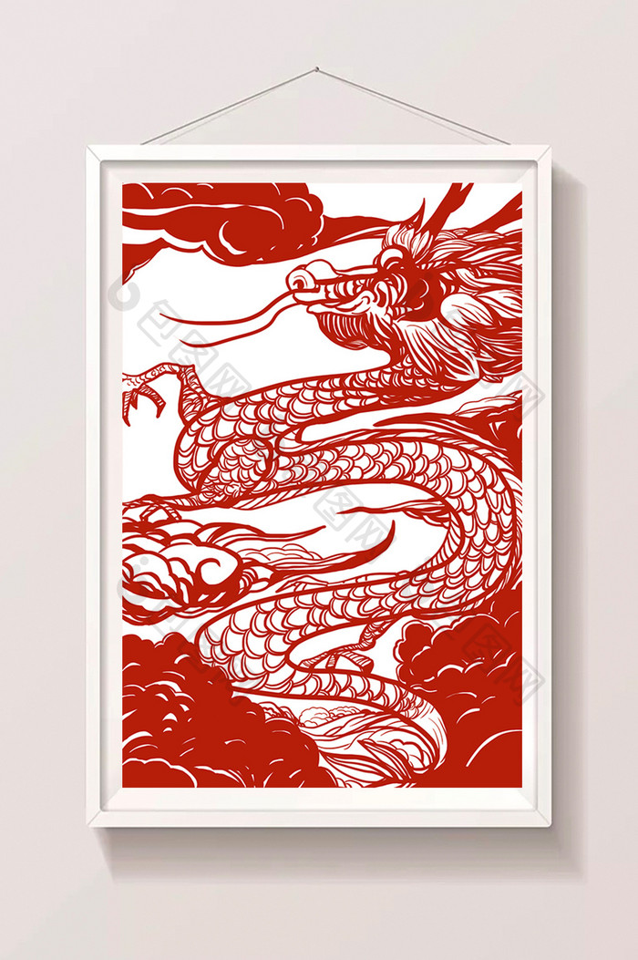 红色中国风在云中的龙剪纸插画